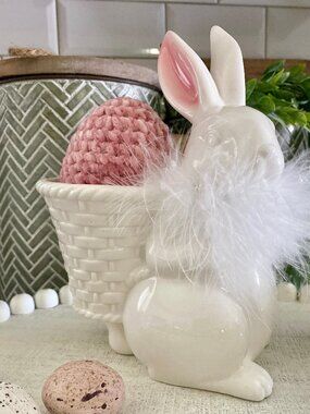 Porcelain Feathered Bunny with Basket